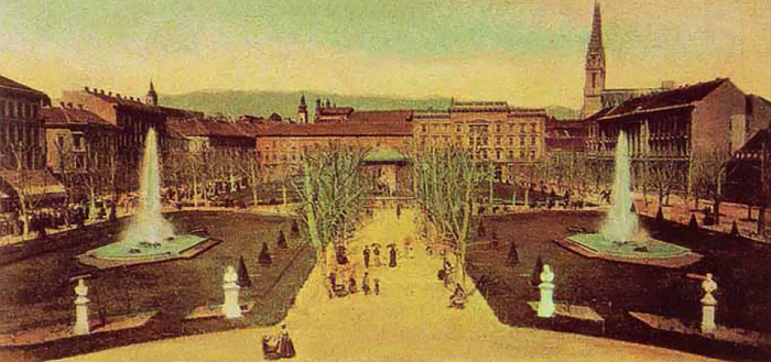 Zrinjevac 1903. godine, južna strana, fontane blizanci